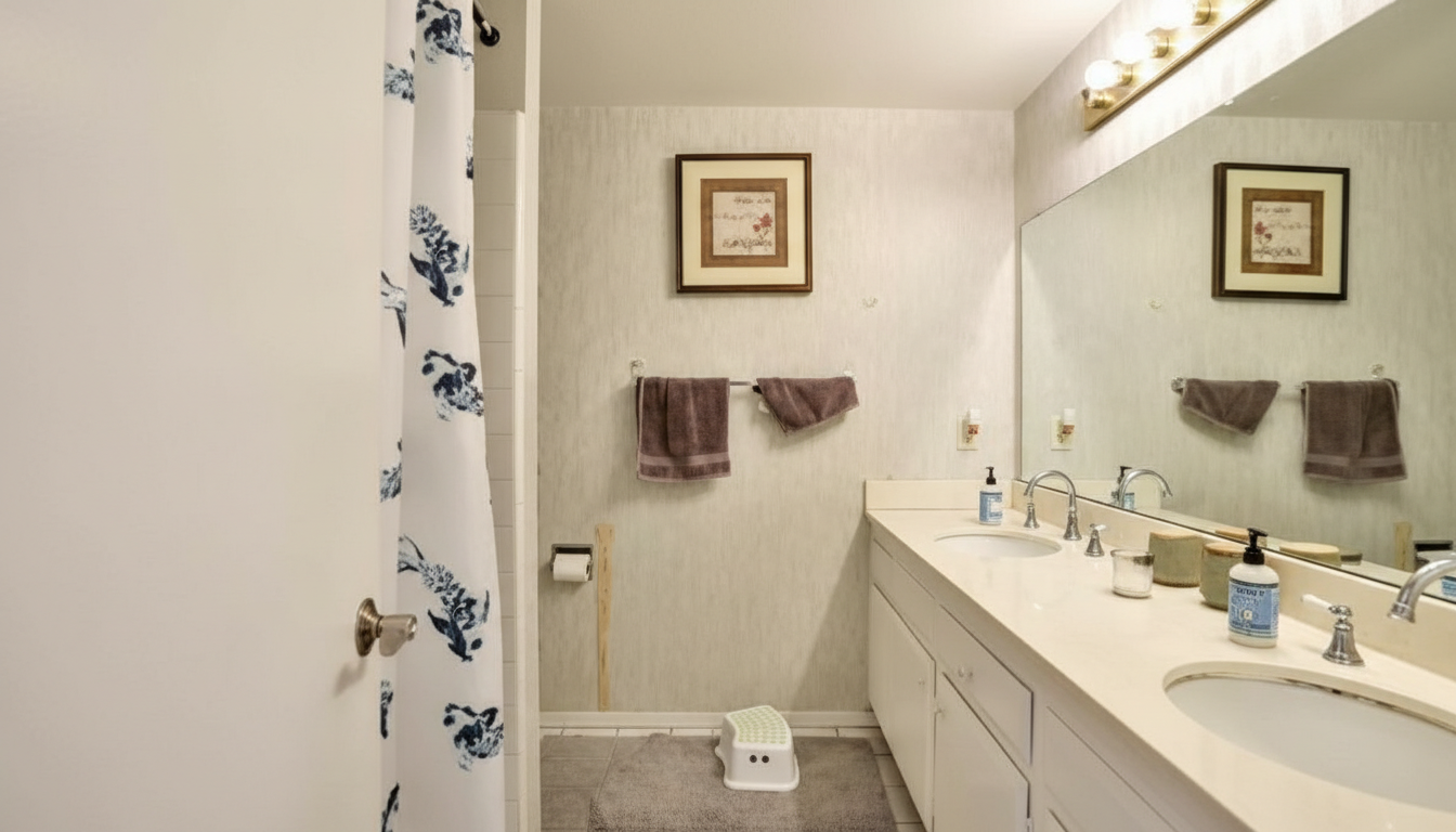 Full bathroom with double vanity and large mirror