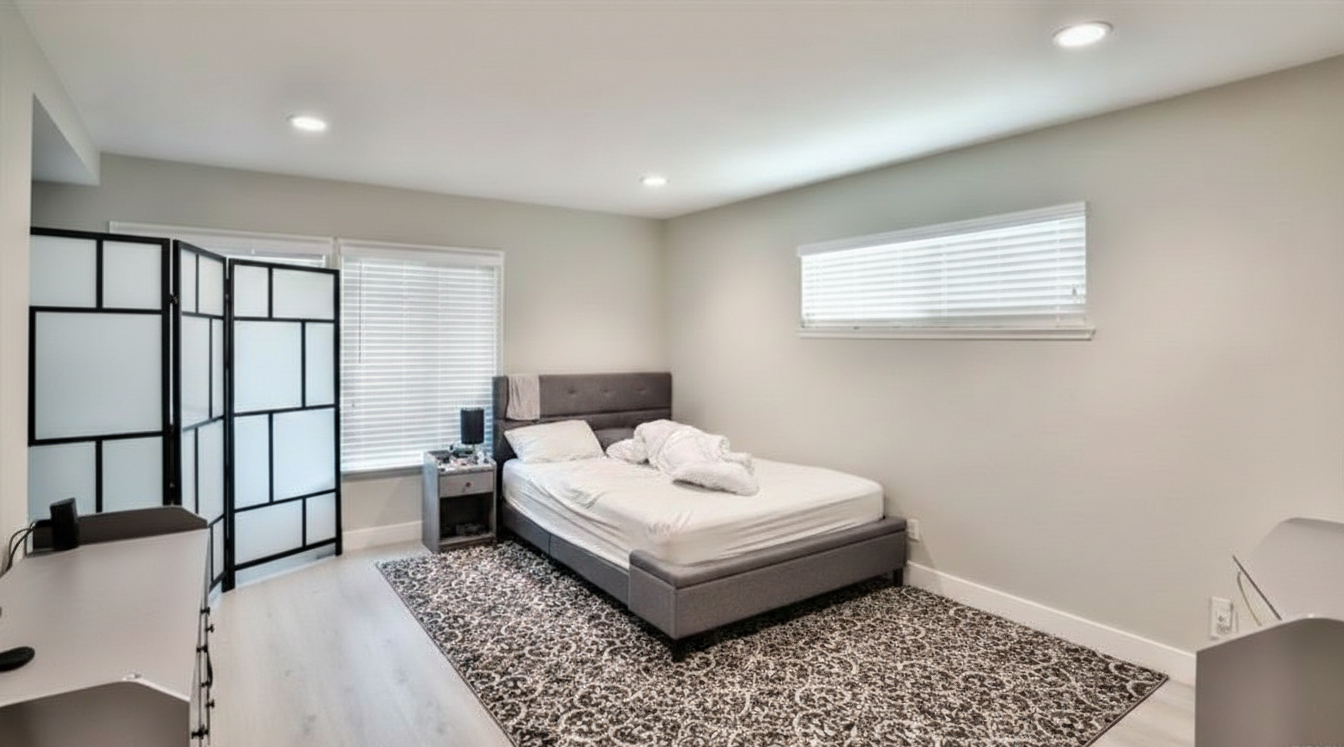 Large bedroom with recessed lighting and hardwood-style flooring