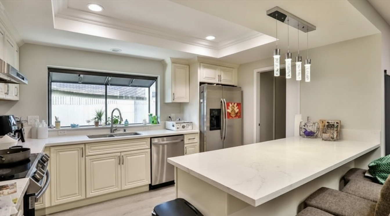 Renovated kitchen with quartz island, stainless appliances, and pendant lighting